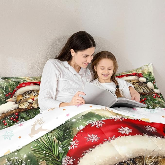 Xmas Cat Comforter Set King Size,Snowflake Holly Berries Winter Kids Bedding Set,Merry Christmas Poinsettia Animal Quilt Comforter,Green Yellow Duvet Insert,2 Pillowcases