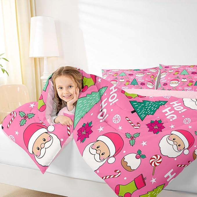 Feelyou Pink Merry Christmas Comforter Set All Season Santa Claus Bedding Set with 2 Pillow Cases Xmas Microfiber Kids Full Bedclothes Happy New Year Bedroom Decor Duvet Quilt Soft Lightweight