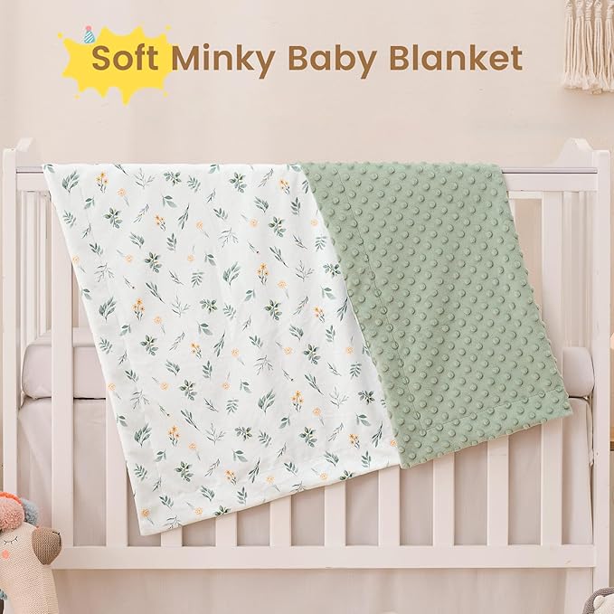 david's kids Micro Fleece Minky Baby Blanket for Boys Girls with Double Layer and Soothing Raised Dots, Breathable and Soft Lightweight Receiving Blanket for Newborns, 30x40 Inches, Leaf & Floral