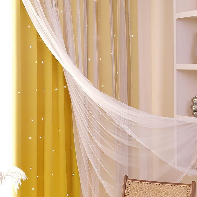 Kinryb Kids Blackout Curtains for Bedroom/Living Room/Classroom, Sheer Overlay 72 Inches 2 Panel Set, Double Layer Curtains with Star Cutout for Kids Room(W 52 x L 72 Inches,Yellow 2 Pcs)