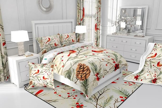 Feelyou Cardinal Bird Kids Comforter Set Full Size Pine Branch Bedding Set Red Berry Duvet Quilt for Kids Boys Girls Bedroom Pine Cone Decor Winter Christmas Pattern Microfiber Ultra Soft Breathable