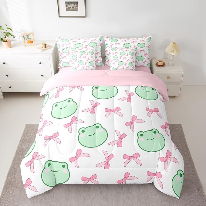 7 Pieces Pink Bowknot Comforter Set Queen,Cartoon Frog Bow Tie Butterfly Knot Princess Bedding Set,Geometric Patchwork Cute Sweet（Comforter+Fitted+Flat Sheet+2 Pillowcases+2 Throw Pillow Covers）