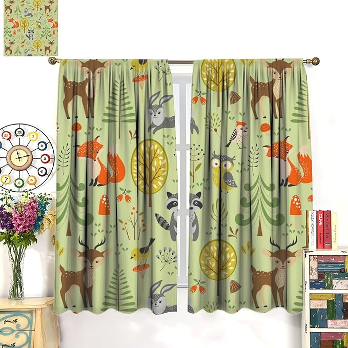 Cute Animals Curtains, Fox Bear Cartoon Wild Animals Blackout Window Treatments, Rod Pocket Thermal Insulated Drapes 2 Panel Sets for Kids Bedroom Nursery Classroom, 63" W X 72" L