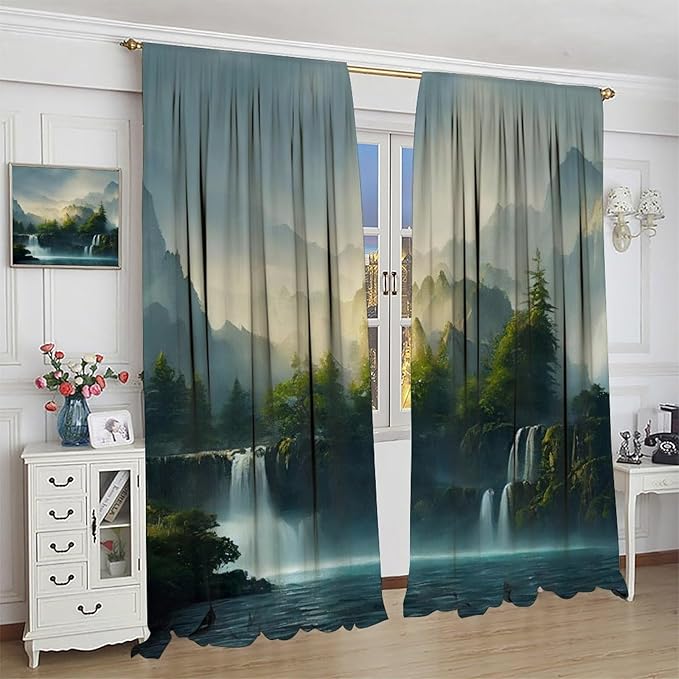 Landscape Theme Waterfall Blackout Curtains, Waterfall Mountains Jungle Printed Natural Scenery Window Drapes, for Bedroom Living Room 84" W X 84" L