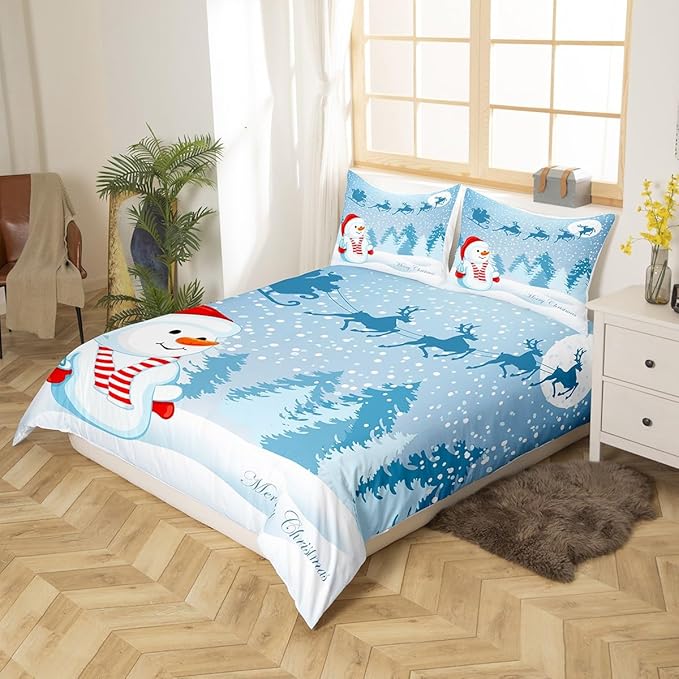 Manfei Snowman Duvet Cover Set Queen Size, Xmas Deer Trees Print Comforter Cover with 2 Pillowcases, Winter Snowflake Merry Christmas Bedding Set 3pcs for Kids Boys Girls Bedroom Decor,No Comforter