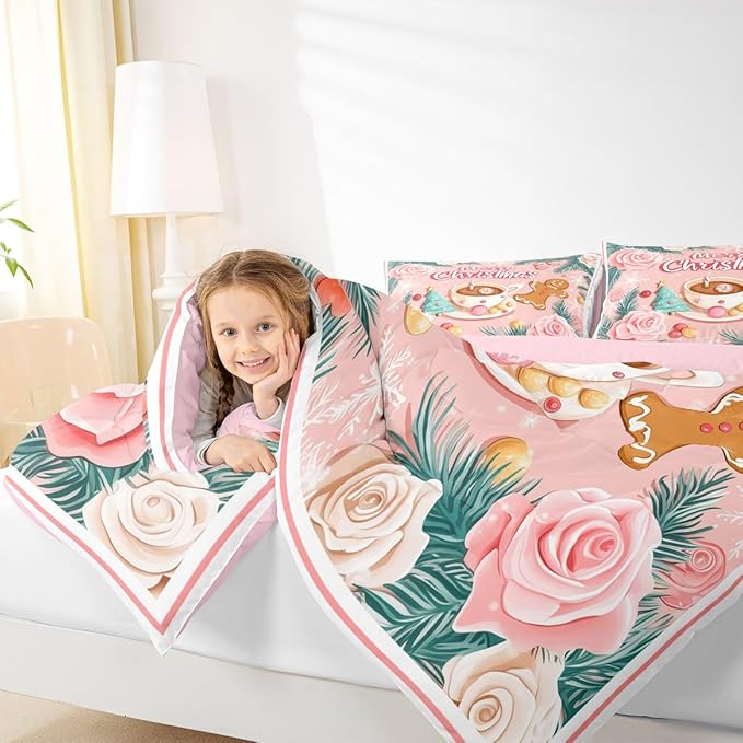 Feelyou Christmas Tree Comforter Set All Season Gingerbread Man Bedding Set with 2 Pillow Cases Merry Christmas Microfiber Kids Queen Bedclothes Xmas Bedroom Decor Duvet Quilt Soft Lightweight