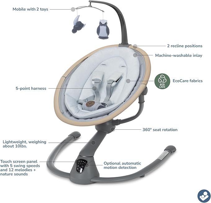 Maxi-Cosi Cassia Smart Baby Swing for Infants, Portable Foldable Swing with Music, 360 Rotation, 5 Speeds, 12 Melodies, EcoCare Fabric, Auto Motion Sensor, 2 Reclines, Classic Slate