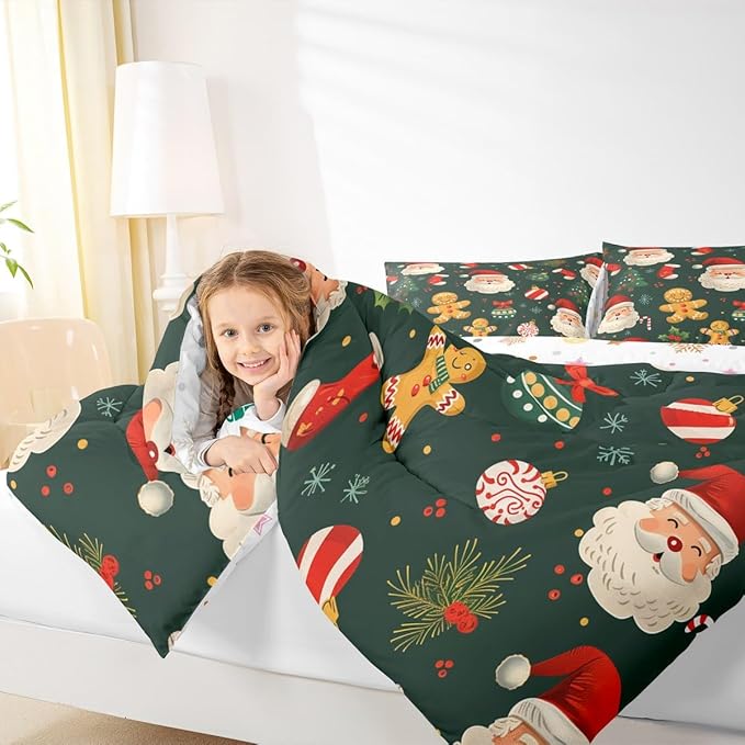 Feelyou Christmas Bedding Set Soft for Boys Girls, Santa Xmas Tree Comforter Set Toddler Size Gingerbread Man Duvet Quilt Microfiber Snowflake Stockings Bedroom Decor 2 Pcs with 1 Pillow Cases