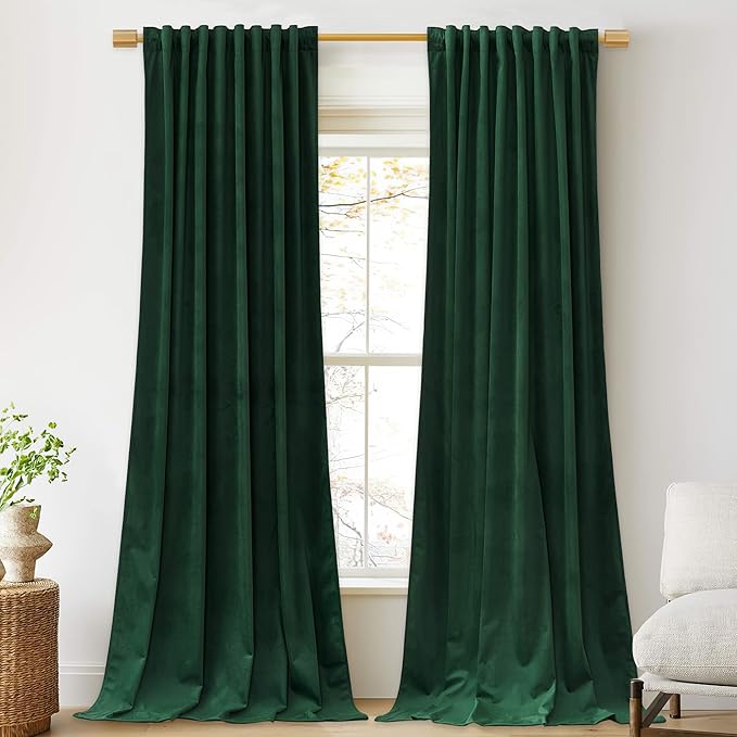 StangH Green Velvet Curtains 102 inches Long 2 Panels, Luxury Dark Green Decorative Backdrops Light Blocking for Party/Holiday, Solid Warming Drapes Heat & Cold Resistant for Bedroom, W52 x L102