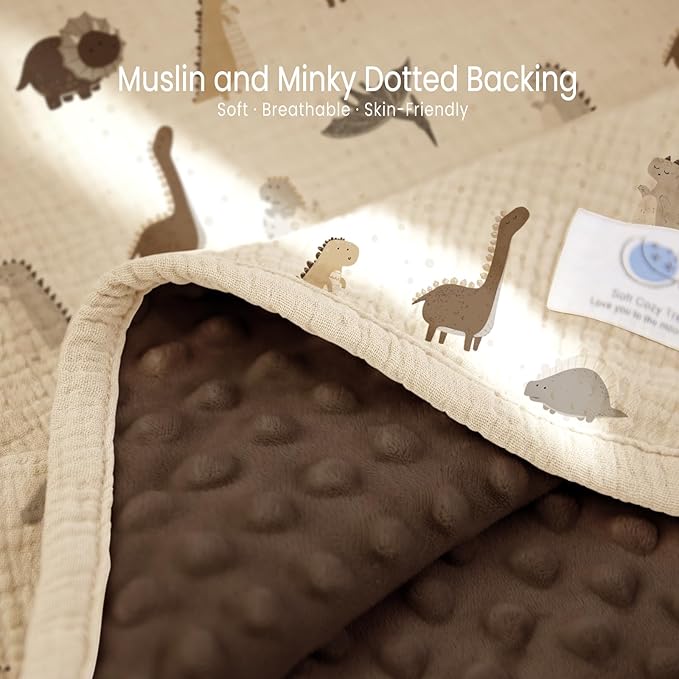 lulumoon Baby Blankets for Boys Newborn: Reversible Muslin & Minky Dinosaur Print - Thermal Receiving Blanket for Stroller & Registry Gift 30"x40"(Dinosaur)