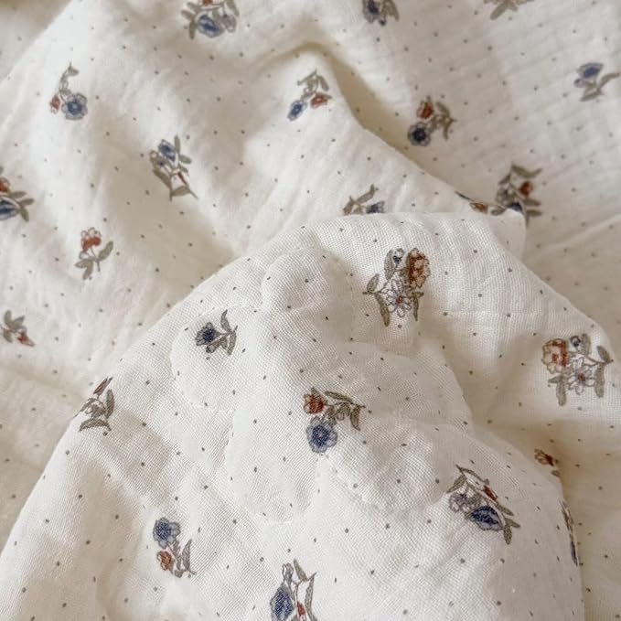 BuLuTu Pansy Flower Pattern Toddler Quilt Crib Size, Muslin Cotton Kids Comforter with Lace Edges, Chic Shabby Floral Print Toddler Bed Blanket, Nursery Decor, 47x59 Inches