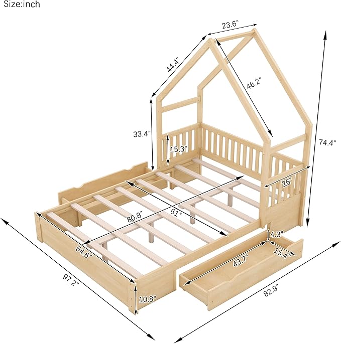 Bellemave Queen Size Wood House Platform Bed with 2 Drawer for Toddlers and Baby, Modern Montessori Platform Bed Frame, No Box Spring Required, Low Floor Bed for Kids' Room or Baby Room (Natural)