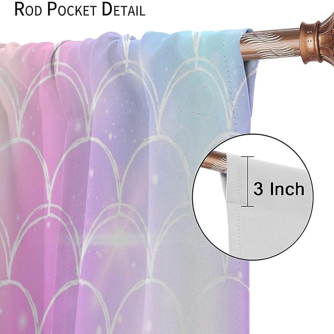 Mermaid Blackout Curtains, Kids Cartoon Blue and Pink Ocean Mermaid Scale Pattern Decoration for Girls Bedroom Nursery Curtains 42x44 Inch