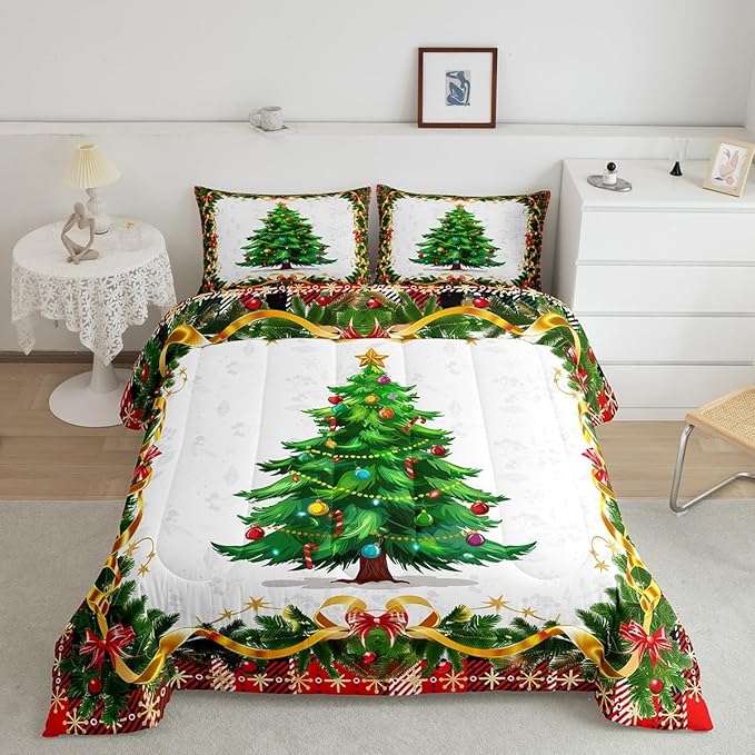 Christmas Tree Comforter Set Twin Size,Merry Christmas Bedding Set for Kids Boys Girls Room Decor,Snowflake Bowknot Green Pine Leaves Quilt Set 2Pcs,Xmas Plaid Patchwork Duvet Insert,1 Pillowcase