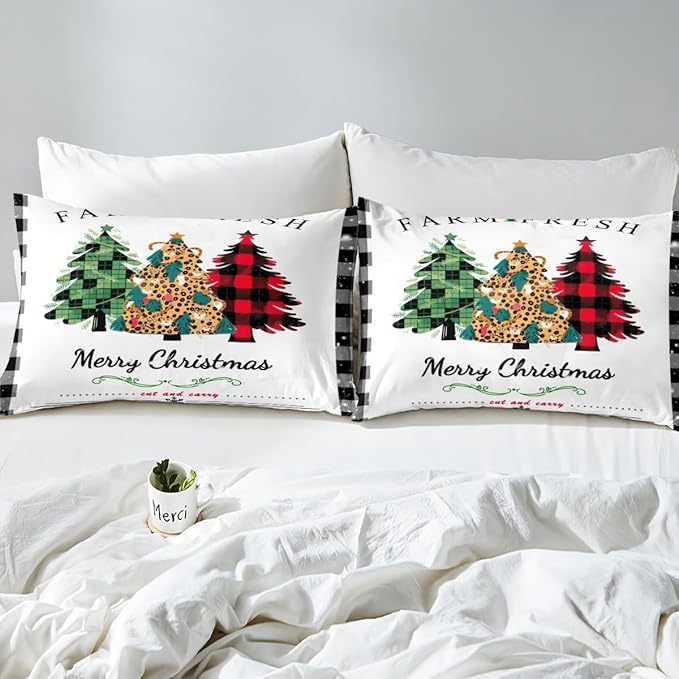 Manfei Christmas Tree Duvet Cover Set Twin Size, New Year Theme Comforter Cover with 1 Pillowcase, Leopard Plaid Print Xmas Bedding Set 2pcs for Kids Boys Girls Bedroom Decor,No Comforter