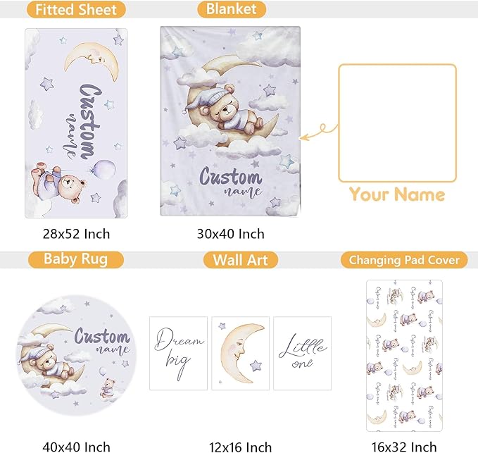 Personalized Crib Bedding Set, 5 Pcs Custom Nursery Bedding Sets with Name, Purple Bear Infant Bedding Set for Baby Girl Boy, Double Layer Baby Crib Set, Babies Toddlers Kids Customized Gifts