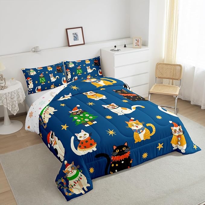 Erosebridal Merry Christmas Kids Cartoon Bedding Set King Size Cute Cat Comforter Set Xmas Tree Quilts for Teens Boys Girls Room Decor,Kawaii Animals Duvet Insert,Blue