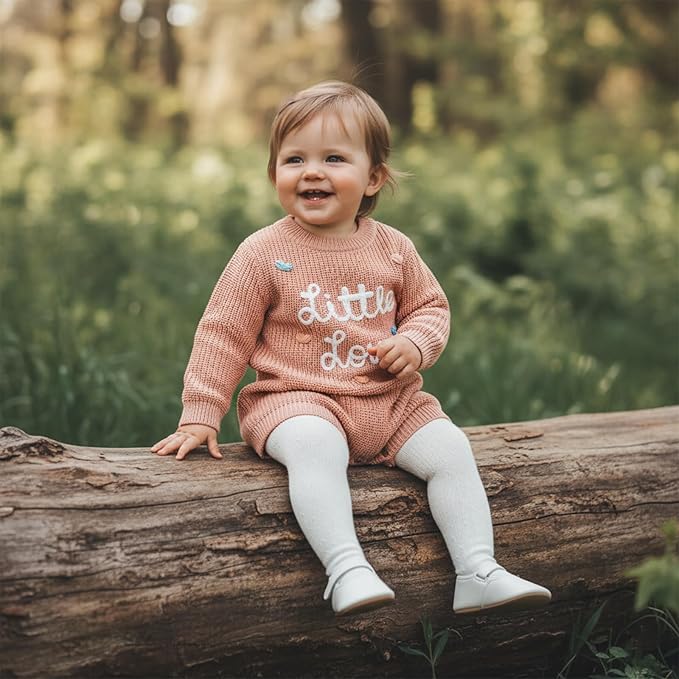 Lesimsam Newborn Baby Boy Girl Valentines Day Outfit Oversized Embroidery Long Sleeve Knit Sweater Bubble Romper Bodysuit