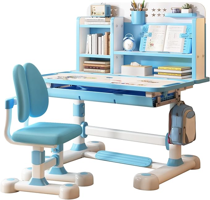Upgraded Kids Desk and Chair Set,50 Degree Tiltable&Height Adjustable Ergonomic Study Table with Posture Corrector & Dual Back Support, 3-18 Years Adjustable Children's Desk Set with Storage Blue