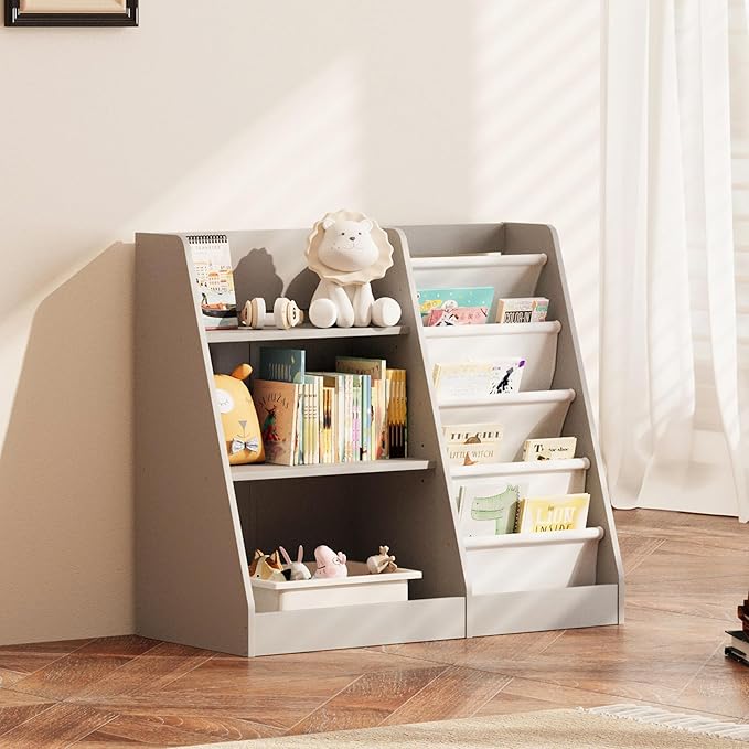 NACHES 3 Tier Kid Bookshelf Wooden 4 Sling Children Bookcase Toddler Montessori Bookcase Book Rack Display Toy Storage Organizer Book Display Shelf Stand Classroom Bedroom Nursery Playroom (Grey)