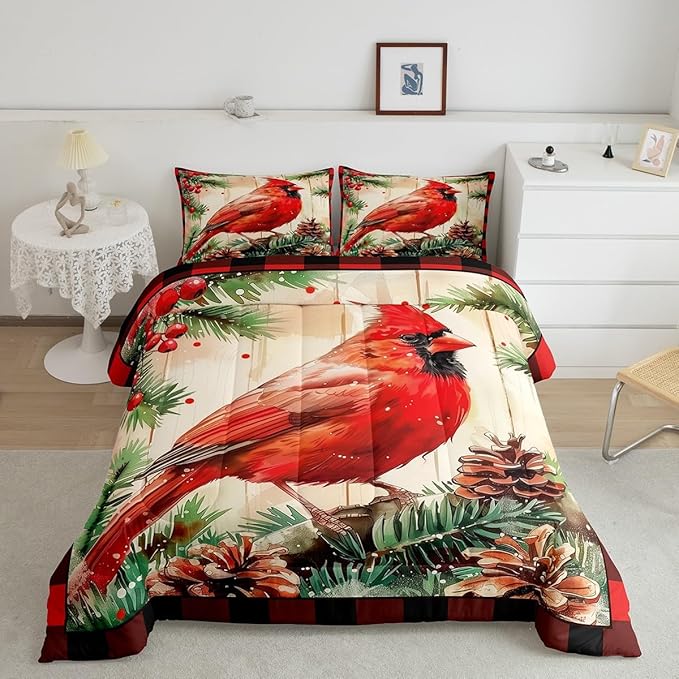 jejeloiu Kids Red Cardinal Comforter Set Queen Size Christmas Red Black Plaid Bedding Set for Boys Girls Teens Xmas Birds Winter Rustic Wood Plank Animal Duvet Quilt Room Decor
