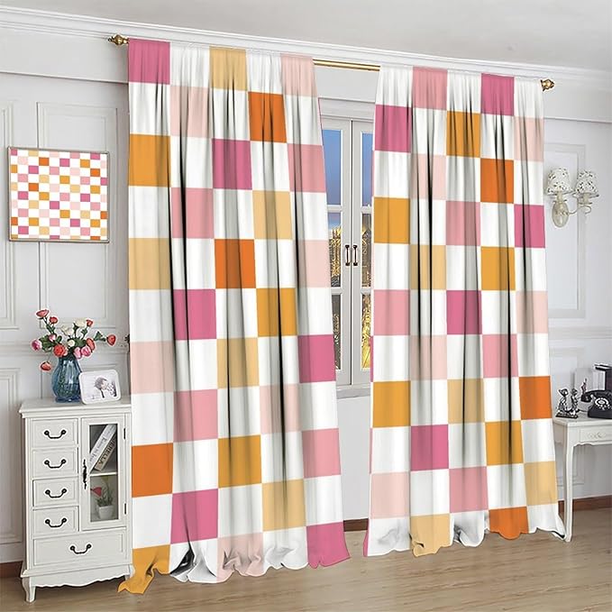Pink Checkered Curtains,70s Vintage Twisted Checkered Window Drapes Colorful Groovy Trendy Wavy Hippie Grid Print Window Treatments for Kids Girls Bedroom Living Room 63" W X 72" L