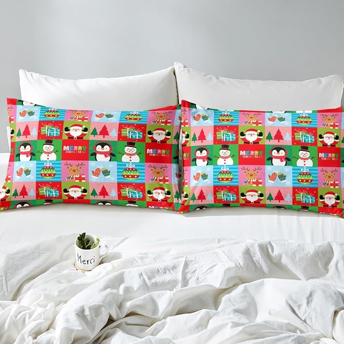Christmas Bedding Set for Kids Boys Girls Santa Claus Christmas Tree Comforter Cover Set Colorful Geometric Grid Duvet Cover Bedroom Decor Xmas Theme Bedspread Cover Twin Size Bedding Collection 2Pcs
