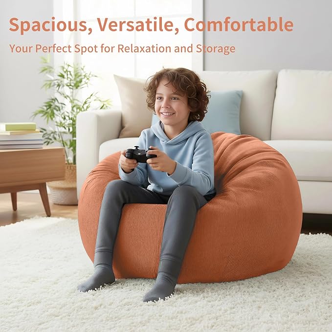Nobildonna 3 ft Bean Bag Chair Cover (No Filler) 35"×43" Large Stuffed Animal Storage Bean Bag Washable Big Beanbag Chair Cover Premium Corduroy Bean Bag Cover for Adults,Kids,Sandy Brown 300L