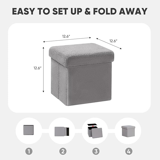 PINPLUS Storage Ottoman Cube Square Shaped Ottomans with Storage Foot Stool Footrest for Lving Room Boucle Ottoman Seat for Dorm Room,Faux Teddy Fur Grey,11.8"x11.8"x11.8"