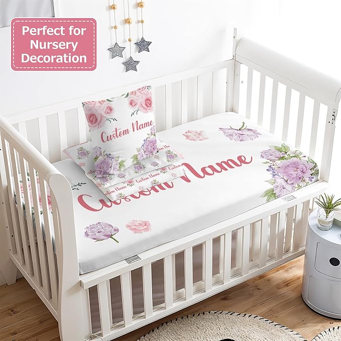 Personalized Baby Crib Bedding Set,3 Piece Custom Name Nursery Set with Blanket, Fitted Sheet & Pillowcase for Baby Girls & Boys, Floral Theme(Fixed Size)