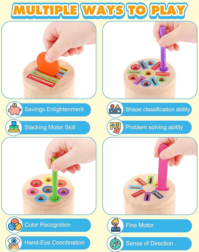 Wooden Montessori Toys for 1, 2,3 Year Old: 4 in 1 Fine Motor Skills Juguetes, Learning Color Matching Sorting Sensory - for Toddlers 15,18,24 Month