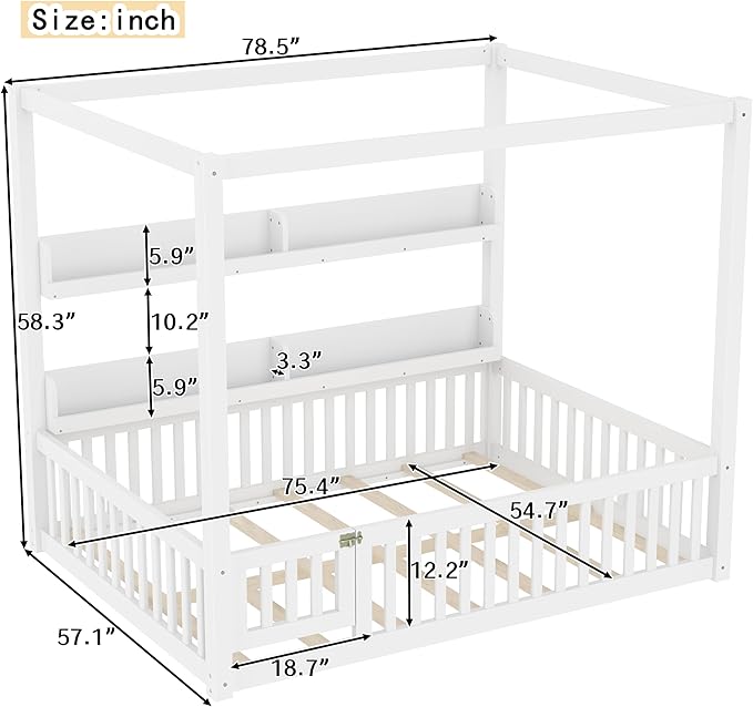 Bellemave Canopy Floor Bed Full Size with Safety Fence and Bookcase,Built in Four Poster Design,Full Montessori Floor Bed Frame for Toddlers,Kids,Boys,Girls,No Spring Box Needed（Full,White）