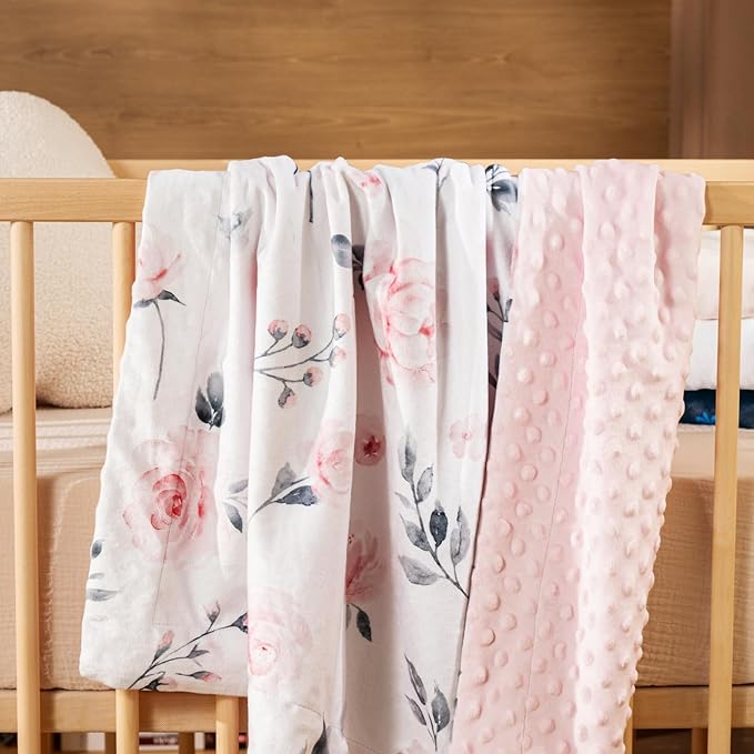 david's kids Micro Fleece Minky Baby Blanket for Girls with Double Layer and Soothing Raised Dots, Breathable and Soft Lightweight Receiving Blanket for Newborns, 40x50 Inches, Floral Flowers