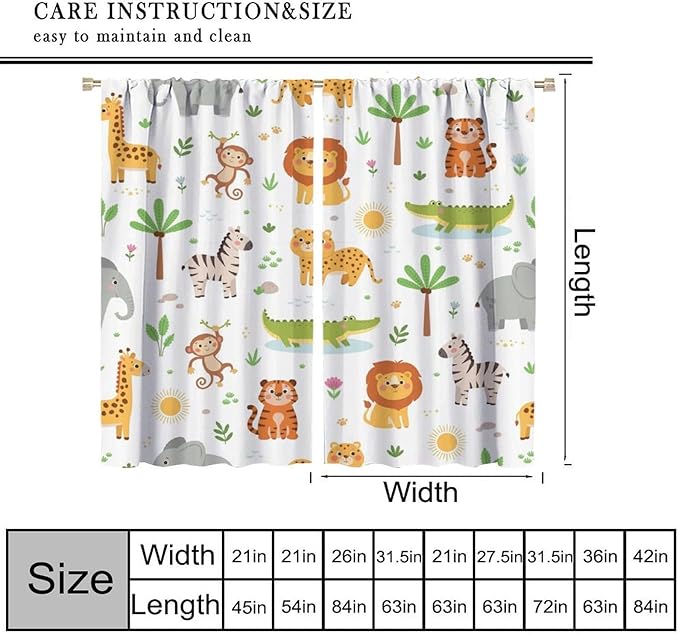 Cartoon Animal Curtains, Safari Woodland Jungle Forest Wildlife Blackout Window Treatments, Rod Pocket Thermal Insulated Drapes 2 Panel Sets for Kids Bedroom Nursery Classroom, 42" W X 54" L