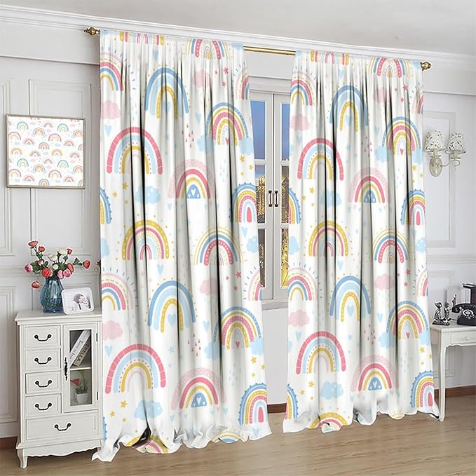 Kids Rainbow Curtains Boho Cartoon Colorful Stars Love Heart Lovely Abstract Art Pattern Print Window Drapes for Girl Bedroom Living Room Kitchen Decor,2 Panel Set,84Wx84H Inch Blackout