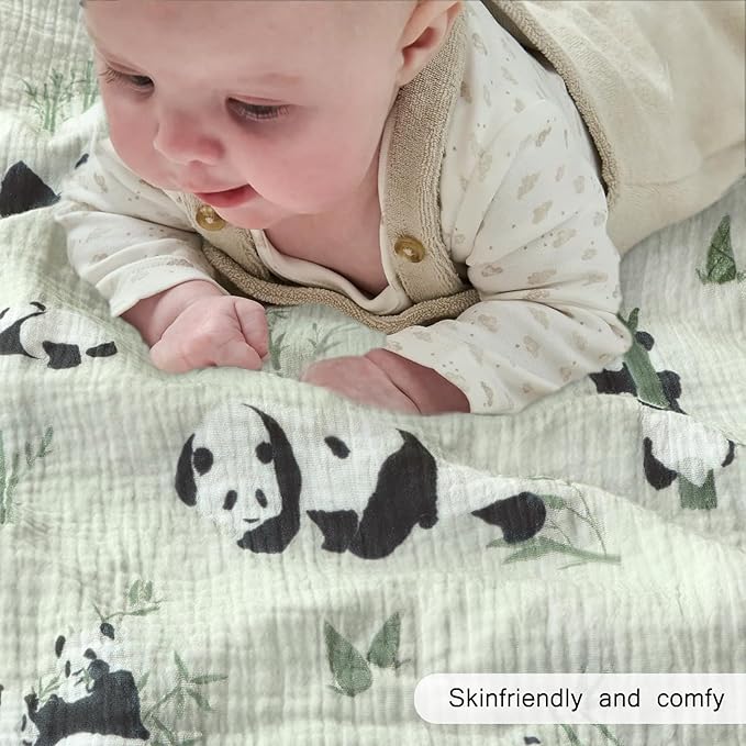 BOPRIO Muslin Baby Blankets for Boys Girls, Breathable Muslin Cotton with 3D Dotted Fleece Backing, Super Soft Swaddle Blankets with Cute Panda Design, Nursery Bedding Newborn Gift 30 x 40 Inch