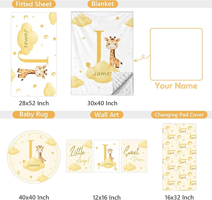 Custom Baby Bedding Set, 5 Pcs Personalized Name Baby Crib Sets for Infant Toddler Newborn, Yellow Giraffe Nursery Bedding Set for Girls Boys, Double Layer Crib Bedding Sets Customized Gifts