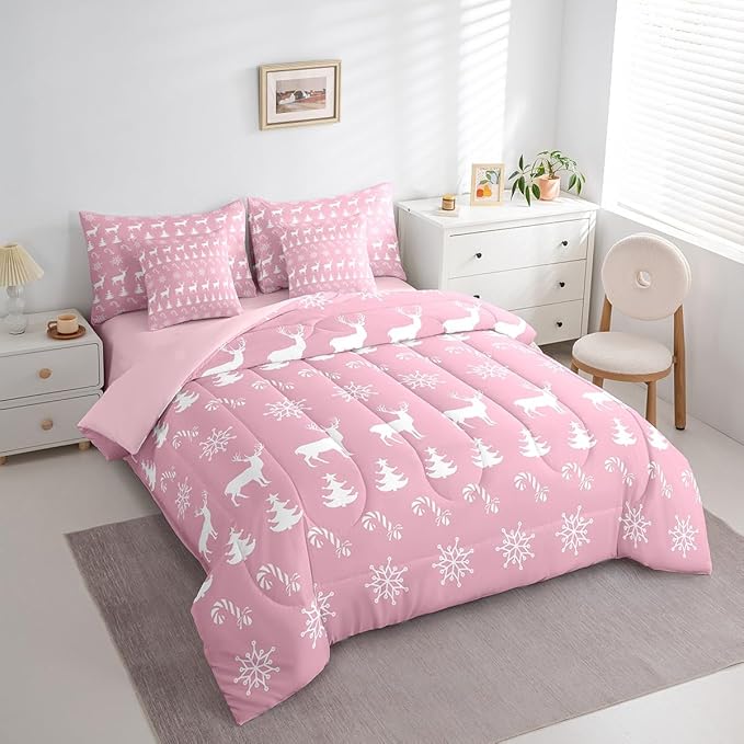 Erosebridal Christmas Twin Bedding Set 7 Piece,Xmas Elk Deer Bed in A Bag,Candy Snowflake Comforter Set Pine Tree Woodland Animals Sheet Set with Comforter,Pink Christmas Decoration