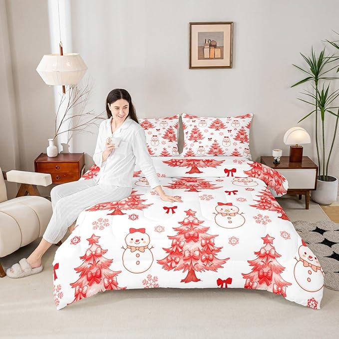 Feelyou Merry Christmas Comforter Set Queen Size Cute Snowman Bedding Set for Kids Boys Girls Cartoon Bowknot Duvet Quilt Christmas Tree Microfiber 3 Pcs with 2 Pillow Cases