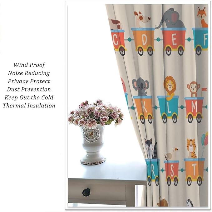 Kids Alphabet Curtains Funny Trains Letter Education School Cute Cartoon Animal Printed Curtain with Rod Pocket for Bedroom Living Room Drapes Window Treatments 2 Panels Set 42" W X 45" L