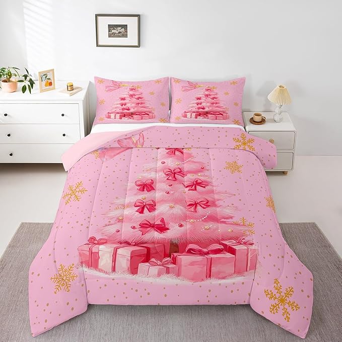 Erosebridal Xmas Tree Toddler Bedding Sets Merry Christmas Comforter Sets for Kids Boys Girls Teens Snowflake Decorations Down Comforter Princess Bow Pink Decor Duvet Insert