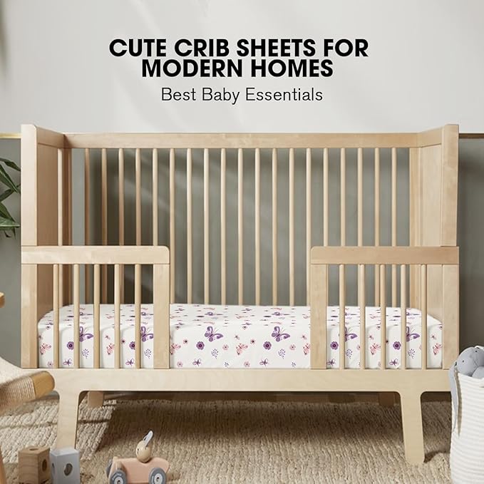 Little Grape Land Crib Sheets Girl 4 Pack, Baby Crib Sheets for Standard Crib & Toddler Mattress, Super Soft Breathable Crib Sheet Set for Girls, Floral & Butterfly