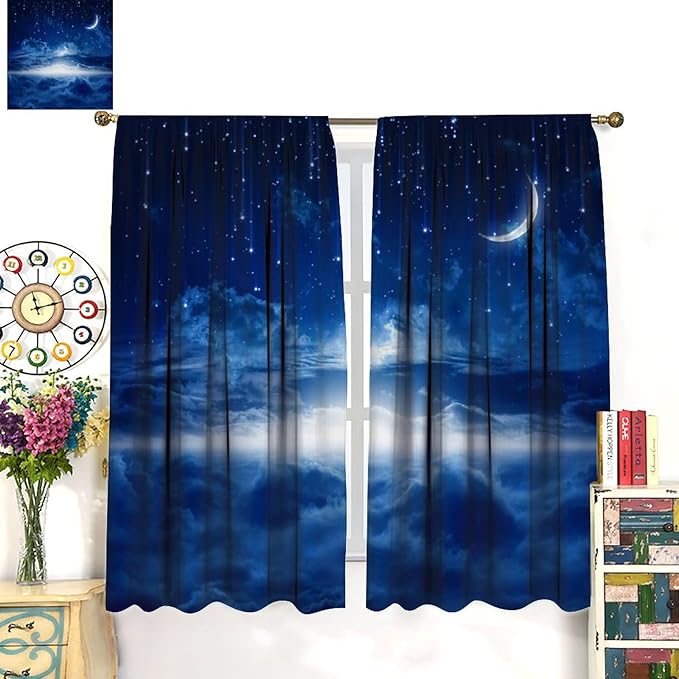 Star Night Sky Blackout Curtains, Moon Foggy Clouds Landscape Theme Print Window Drapes for Kids Girls Bedroom Living Room 84" W X 84" L