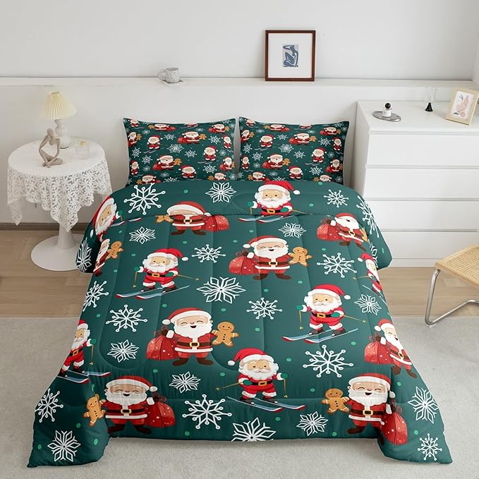 Erosebridal 7Pcs Cartoon Santa Claus Comforter Set Full Size,Xmas Gingerbread Bedding Set,Christmas Snowboard Snowflake Bed in A Bag,Cute Christmas Ornaments Quilt with Flat Fitted Sheet