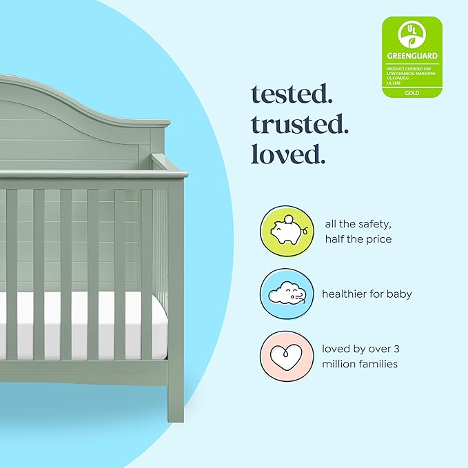 Carter’s by Davinci Nolan 4-in-1 Baby Crib - Convertible to Toddler Bed, Daybed, Full-Size Bed - GREENGUARD Gold Certified - 4 Adjustable Mattress Heights - Conversion Kit Sold Separately, Light Sage