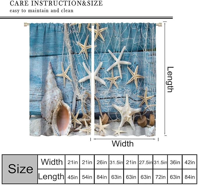 Marine Life Blackout Curtains Watercolor Water Grass Shell Print Curtains for Living Room Bedroom Privacy Curtains 42x44 Inches