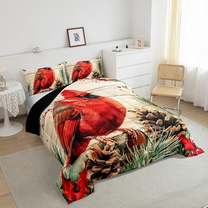jejeloiu Kids Red Cardinal Comforter Set Toddler Christmas Theme Bedding Set for Boys Girls Teens Xmas Birds Winter Rustic Wood Plank Animal Duvet Quilt Room Decor