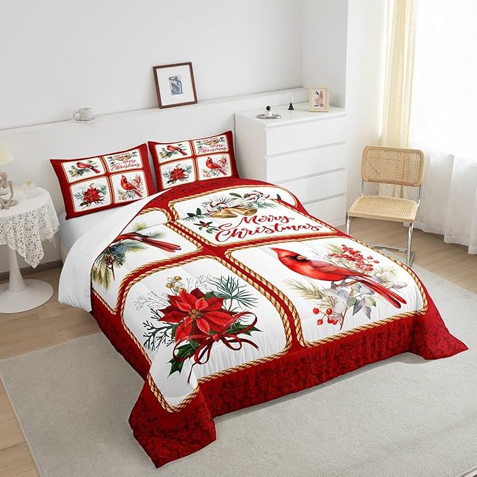 Castle Fairy Christmas Comforter Set Twin Size,Xmas Cardinals Floral Bells Checkered Bedding Set for Kids Boys Men,Cute Bird Watercolor Red Geometric Quilted Duvet Set with 1 Pillowcase