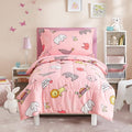 Flysheep 4 Pieces Pink Toddler Bedding Set, Elephant Lion Animals Printed for Baby Girls - Includes Quilted Comforter, Flat Sheet, Fitted Sheet & Pillow Case, Soft Microfiber