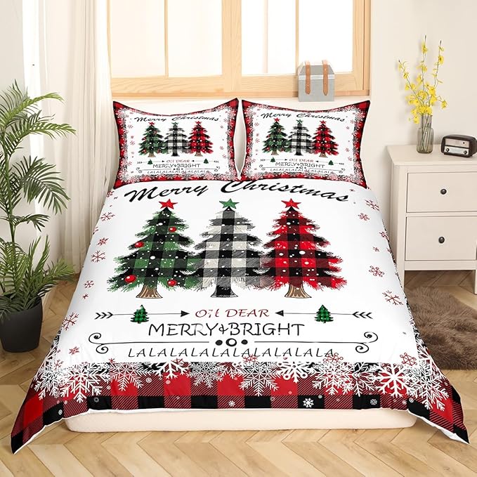 Manfei Xmas Tree Duvet Cover Set Queen Size, Merry Christmas Comforter Cover with 2 Pillowcases, New Year Theme Plaid Print Bedding Set 3pcs for Kids Boys Girls Bedroom Decor,No Comforter